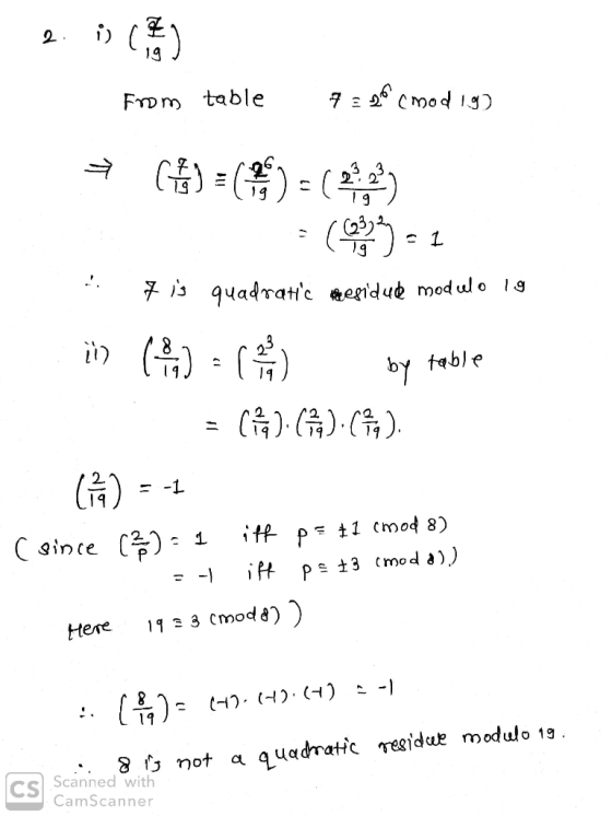19 From table 1 9 by table 14 19 din ce C ):1 iff 19 8 fs mot quadratic residue modulo 1g Scanned with CamScanner