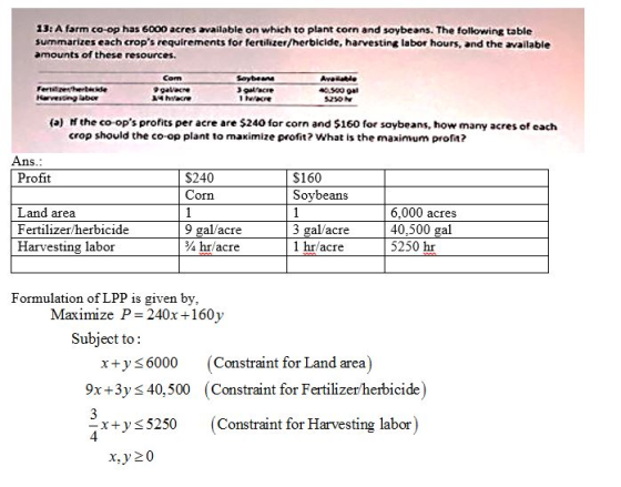 13: A farm co-op has 6000 aeres available on which to plant corn and soybeans. The following table summarizes each crops req