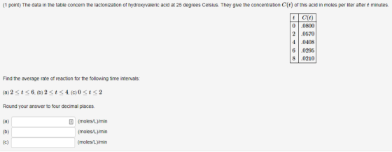 (1 point) The data in the table concern the lactonization of hydroxyvaleric acid at 25 degrees Celsius. They give the concent