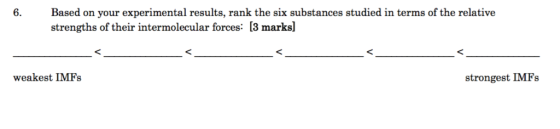 6. Based on your experimental results, rank the six substances studied in terms of the relative strengths of their intermolec