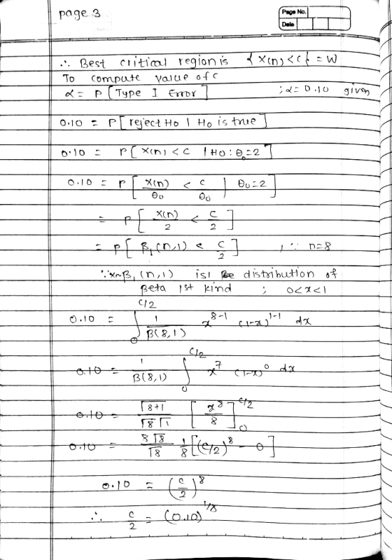 Page No page 3 Dale .Best critial region is To Compute vaiue ofc : PI Type 1 embr Xin 2 2 eta st kimd C12 S-1 O.10 18,1> 2