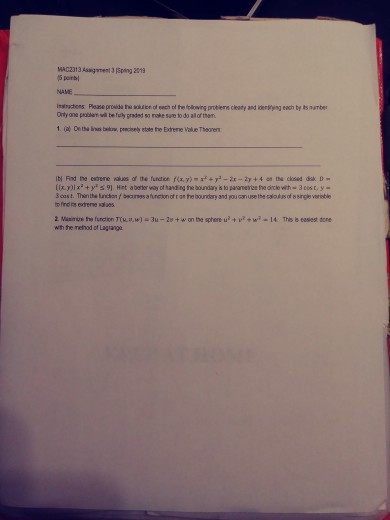 MAC2313 Assigment 3 (Sping 2013 NAME Ony ana pebat vill be fuly graded so rake sare to do all of them 2. Masimue he funcion T