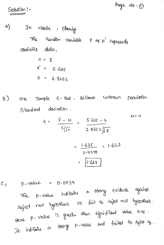 Poge NO - D Soludtion A) LOSds cawly TRO andon Variable pAapasents Statistics data, S.6as 2.8253 Sample ttest Population untr