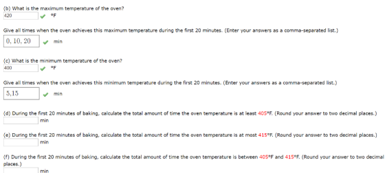 (b) What is the maximum temperature of the oven? 420 oF Give all times when the oven achieves this maximum temperature during