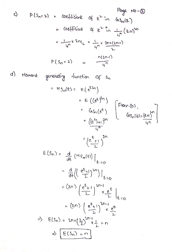 Poge coeticunt af2 in Gsylz) NO- P(Sn2) CoEfident 2nx (2n-1) n(2n- P(Sn 2) d) function af Sn gererating Homent HStEln) Fam (