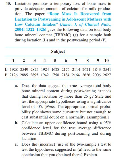 40. Lactation promotes a temporary loss of bone mass to provide adequate amounts of calcium for milk produc tion. The Lactati