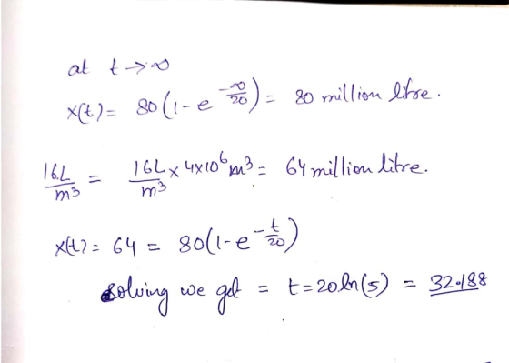 at t 20 million lise Xt)= 0(1-e 20 16L4x103 m3 GY million litre g0(1-e deloing we g-t-20 toe 32.188