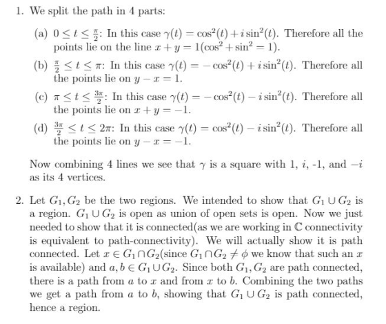 1. We split the path in 4 parts cos2 (t)isin2(t). Therefore all the 1(cos2sin2 1). (a) 0t In this case y(t) points lie on the