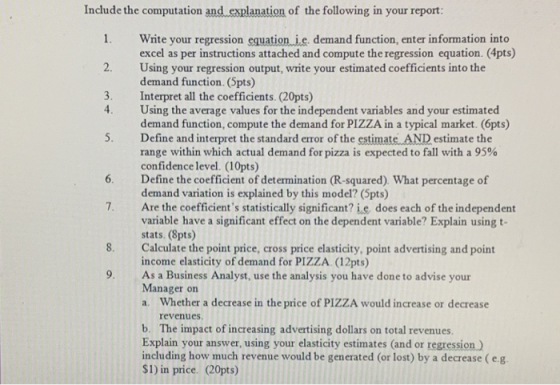 Include the computation and explanation of the following in your report 1. Write your regression equation ie. demand function