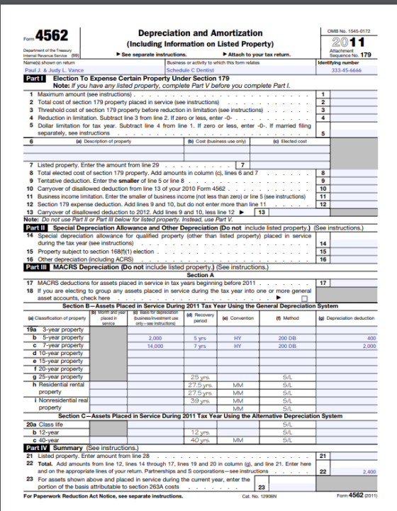Depreciation and Amortization OMB No. 1545-0172 rom 4562 2011 (Including Information on Listed Property) Departmant of the Tr