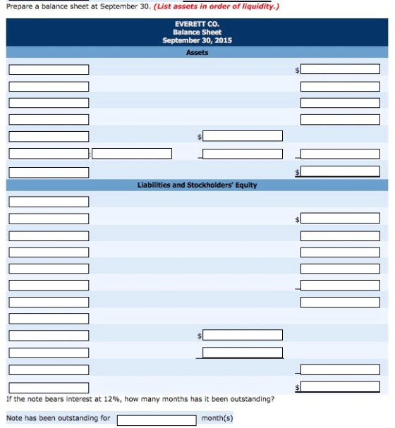 Prepare a balance sheet at September 30. (List assets in order of liquidity.) EVERETT CO. Balance Sheet September 30, 2015 As