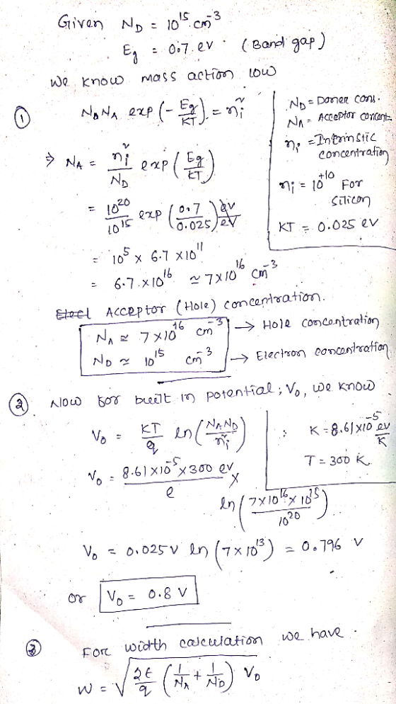 Given ND: Οscn 3 We knou Mass ao ow NDe con concenirafi ND kT m» ιδιο If=10 For 20 0.02S 2 16 3 Etel Acceptor (Hole) concar