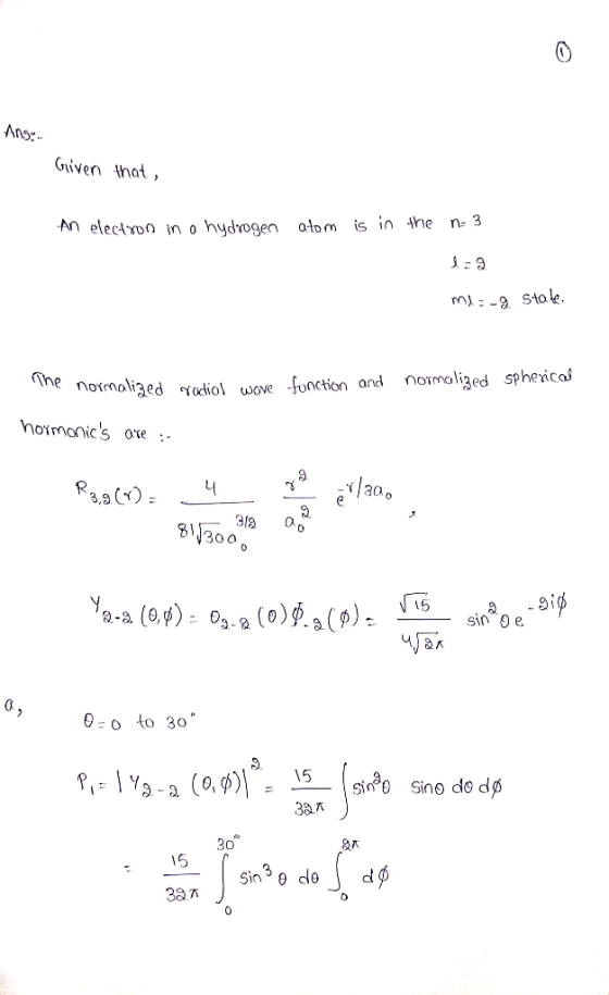 Giiven lhat, An electro in o hydom is in he n 3 nSto le novnoliaed吖odiol uove fonction and normaliged spherical hoimonics o