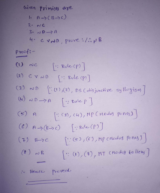 Given Primige aye. 2. NC 4. CYWD. Provt. . 1.: r B Preof:- () NJC Rule (P) (1) Eu)心, , ps (dajunch ve.syllegismJ n, D (E) A