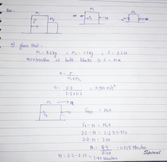 guen thet F3.2N accelexation of both blocks E Ma Mitm2 0-9/4 m/s 2-3+1 2 m, Fnet M.a N 3.2-N2-3XO.91y 3.Q-NO2-10 Me8.2 1523
