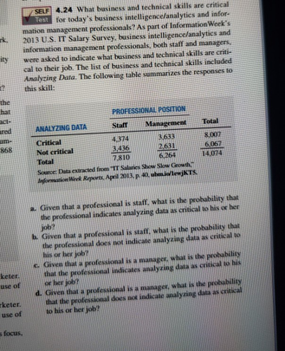 SELF 4.24 What business and technical skills are critical Test for todays business intelligence/analytics and infor- mation