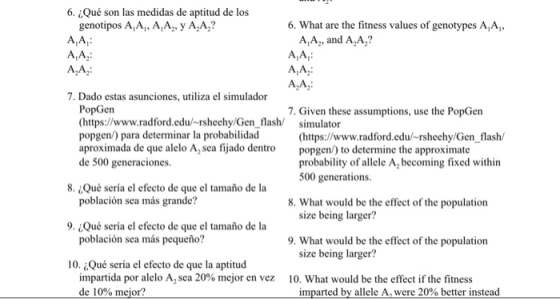 6. ¿Qué son las medidas de aptitud de los genotipos A,A,, AA,, y A,A,? 6. What are the fitness values of genotypes A,A A A, a