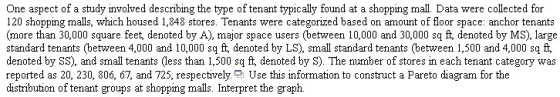 One aspect of a study involved describing the type of tenant typically found at a shopping mall. Data were collected for 120