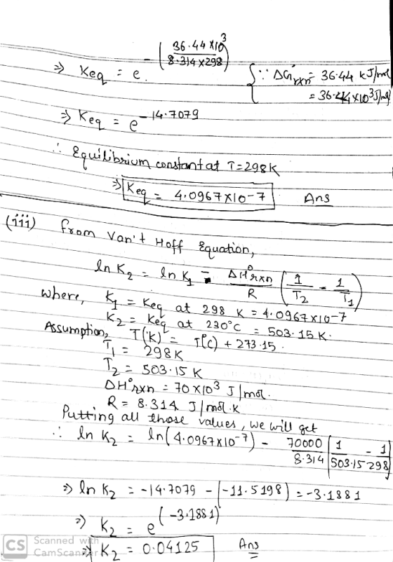 36 . 44 x1 3644 k3 e 36 eq 4,0967 지 0-7 An3 T. 2. 298 K =4.0 t 213 1 298K 2-503, IS Puttinq au those values , we w n K2 10000