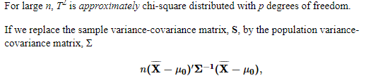 For large n, T is approximately chi-square distributed with p degrees of freedom. If we replace the sample variance-covarianc
