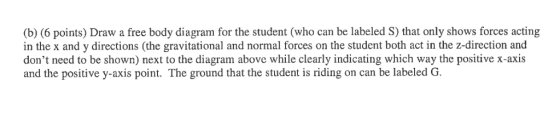 (b) (6 points) Draw a free body diagram for the student (who can be labeled S) that only shows forces acting in the x and y d