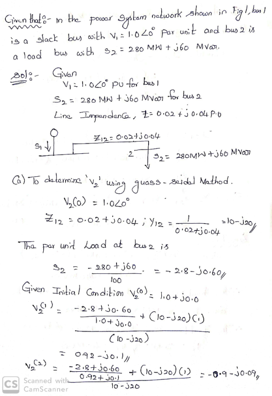 in the pooor Syaam natworkshaon bus aith v, 162o Par uni E and bus2 is Ciwen that 8 is a slack 9,: 280 MW + j60 Mv, a load bu
