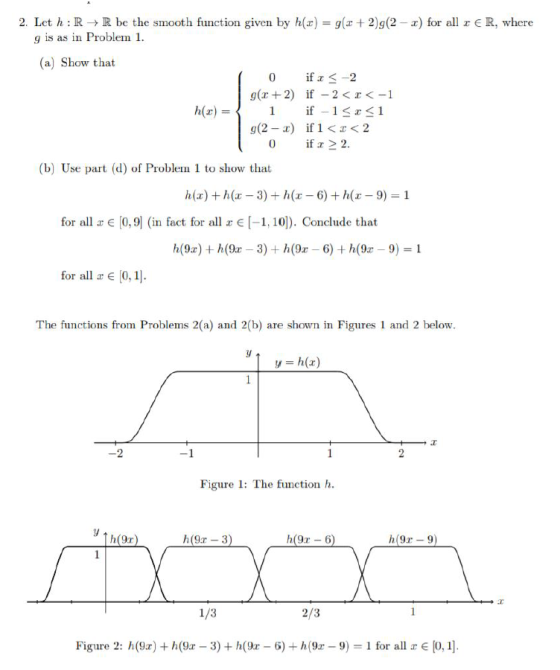 2. Let h : R-+ R be the smooth function given by h(z) g is as in Problem 1 g(z + 2g(2-x) for all r E R, where (a) Show that i