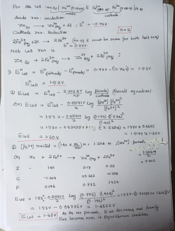 Cathode Catthode ran: Reductien 34 +2e-, a Feat (no ofe must be same for both half rxns) 구구v 2+ Ea Fauah) Fe3 t)2 ท. 2, 40) 2