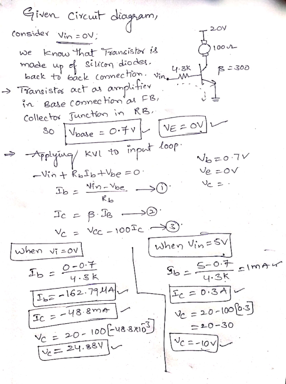 Given Circuit Consider Vin = oV; 20y know that ansistor is made up sicon diodes. back to back Conec ion. vin, M we 00 4.3K c3