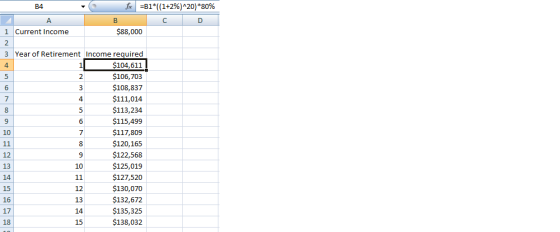 -B1*((1+2% ) ^20) *80% B4 B A C D $88,000 1 Current Income 2 3 Year of Retirement Income required 1 $104,611 4 $106,703 5 2 $