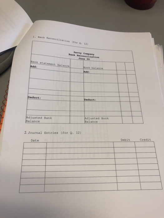 1. Bank Reconciliation (for Q. 12) Savry Company Bank Reconei1iation June 30 Bank statement balance Book balance Add: Deduct: