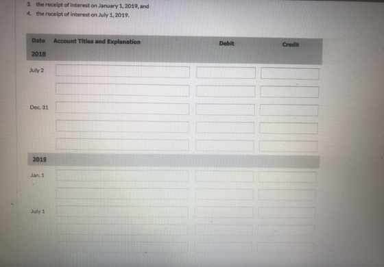 3. the receipt of interest on January 1, 2019, and 4. the receipt of interest on July 1, 2019. Date Account Titles and Explan