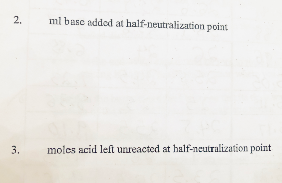 2. ml base added at half-neutralization point 3. moles acid left unreacted at half-neutralization point