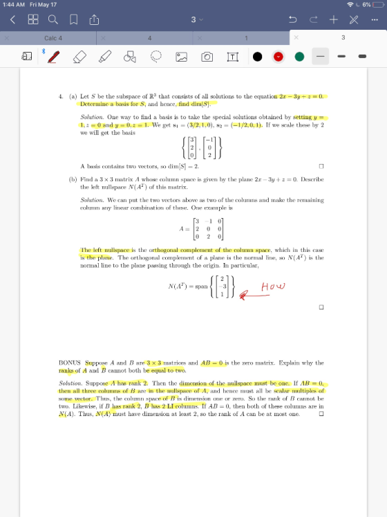 1:44 AM Fri May 17 Calc 4 4 1. (a) Let S be the subspace of R3 that consists of all solutions to the equation 2x -3y0. Detcrm