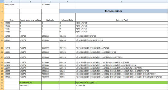 G 1 Bond value 3000000 2 Jonson-miller 3 f bond vear dollars Maturity Year No Interest Rate Interest Paid 4 $C$1*SF$9 =sC$1*$