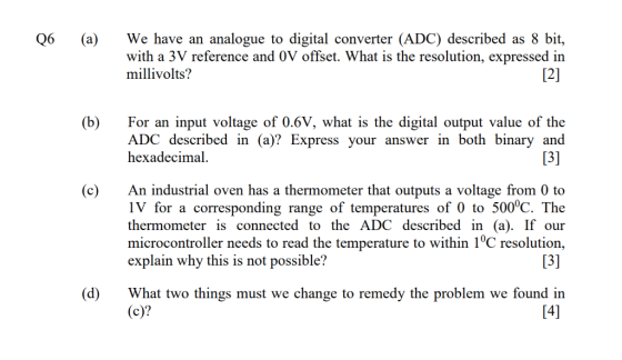 We have an analogue to digital converter (ADC) described as 8 bit, with a 3V reference and 0V offset. What is the resolution,