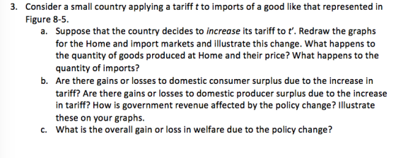 3. Consider a small country applying a tariff t to imports of a good like that represented in Figure 8-5. a. Suppose that the