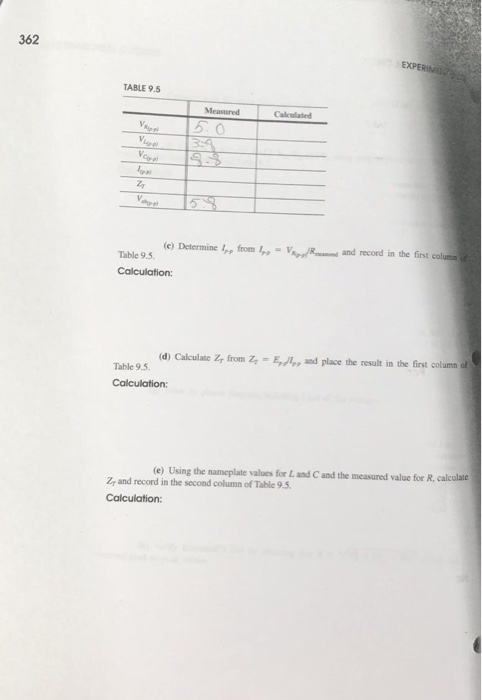 EXPERIM 362 TABLE 9.5 Measured Calculated 5.0 V Vg Vco Z V and record in the first colume (c) Determine 1, from 1- VJR Table