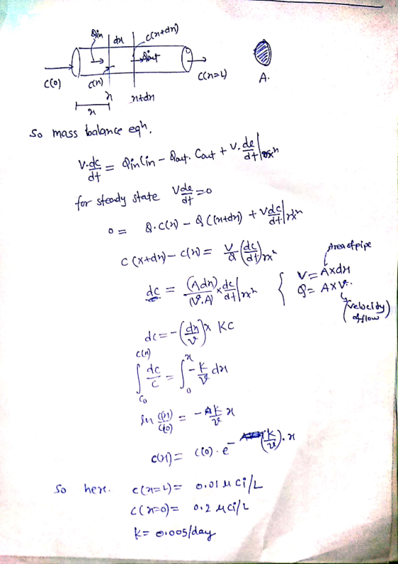A. So mass balante eh da dt Vda dt Anea sfpipe elocld^ 0 --사> o) A 71