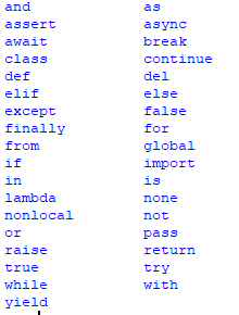 and as assert async await break class continue def del elif else false except finally for from global if import in is lambda