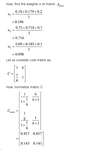 Now, find the weights w of matrix A 0.18+0.179+0.2 0.186 0.73+0.718+0.7 0.716 0.09+0.103+0.1 0.098 Let us consider cost matri