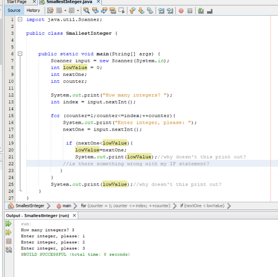 Start Page xIẾ》 Smallestinteger.java x 1|曰import java.util. Scanner; 3public class SmallestInteger i public static void main