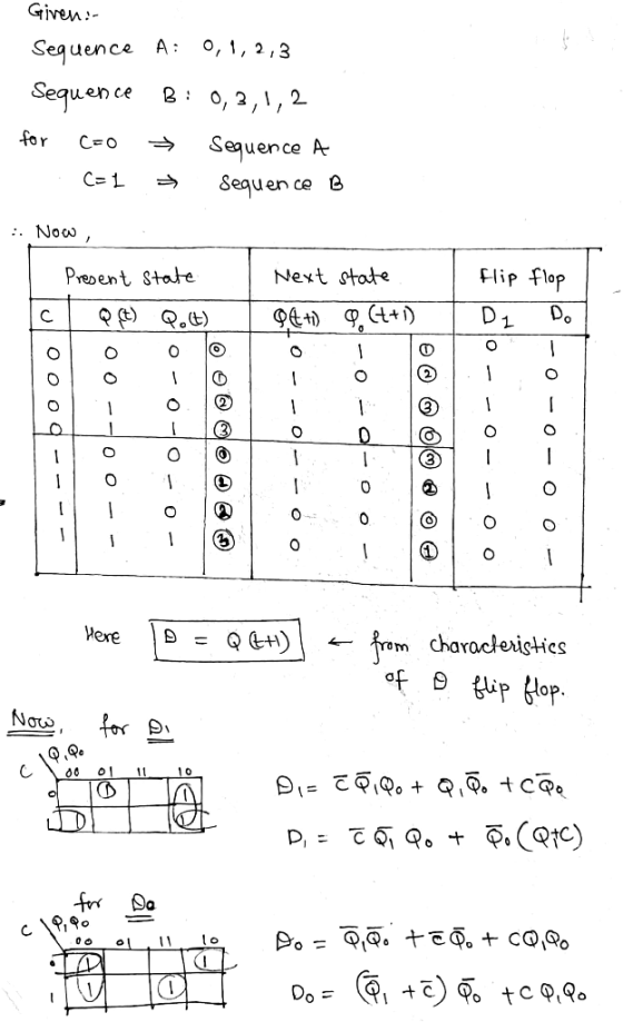 Seauence A: o,1, 2,3 Sequence2: 0, 2,\,2 for Ceo → Sequence A- Cz1. → Sequence B Flip flop Next state Prepent 8tae