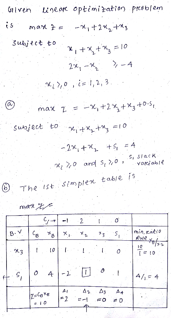 niven uneac optimization prcsblem Šubject to 2- 0v 2- Sutoject to S, Slack Simplex tobie is min, ratio Rule