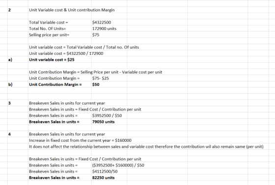 Unit Variable cost & Unit contribution Margin 2 $4322500 Total Variable cost Total No. Of Units= 172900 units $75 Selling pri