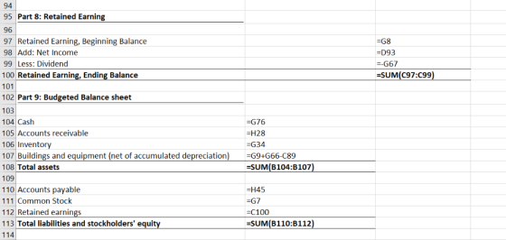 94 95 Part 8: Retained Earning 96 97 Retained Earning, Beginning Balance 98 Add: Net Income 99 Less: Dividend 100 Retained Ea