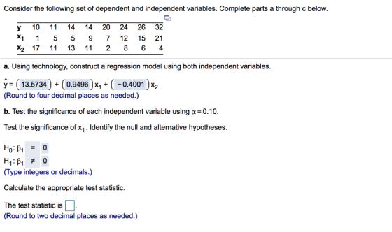 Consider the following set of dependent and independent variables. Complete parts a through c below. y 10 11 14 14 20 24 26 3