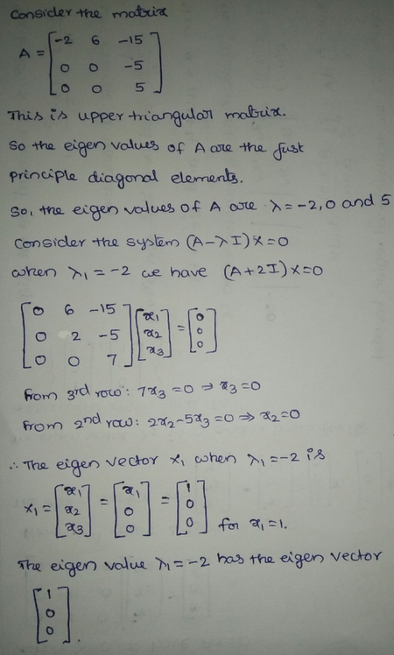 Considley the mottuia 2 6-15 This ts uppeol mabux. So tha eigen valuus of A ore the ust principla diagoral elemens. 2,0 and 5