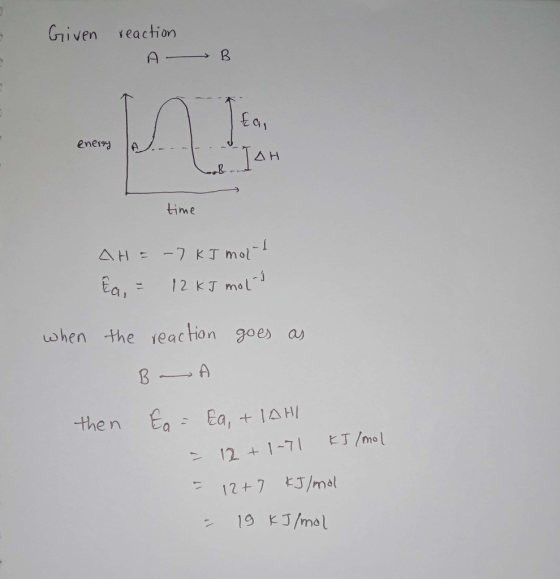 Given reaction A B enery JAH time AH -7 KJ mol 17 Ea 12 kJ mol when the ieaction goes an A B the n Ea Ea, IAH ET/mo 12 1-7 +