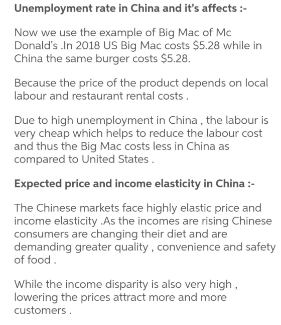 Unemployment rate in China and its affects:- Now we use the example of Big Mac of Mc Donalds .In 2018 US Big Mac costs $5.2